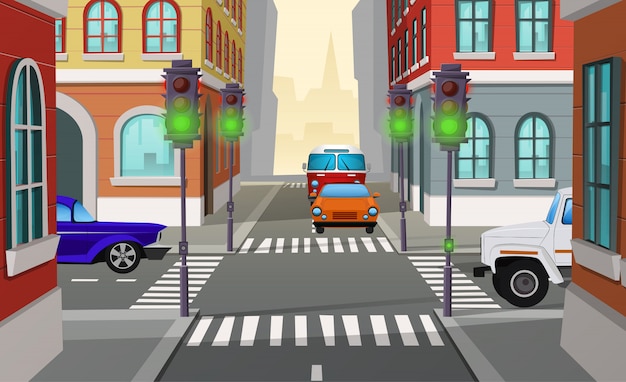 Мультфильм иллюстрация городской перекресток с зелеными светофорами и автомобилями, пересечение дорог