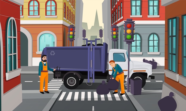 신호등, 쓰레기 트럭 및 근로자와 도시 사거리의 만화 그림 픽업