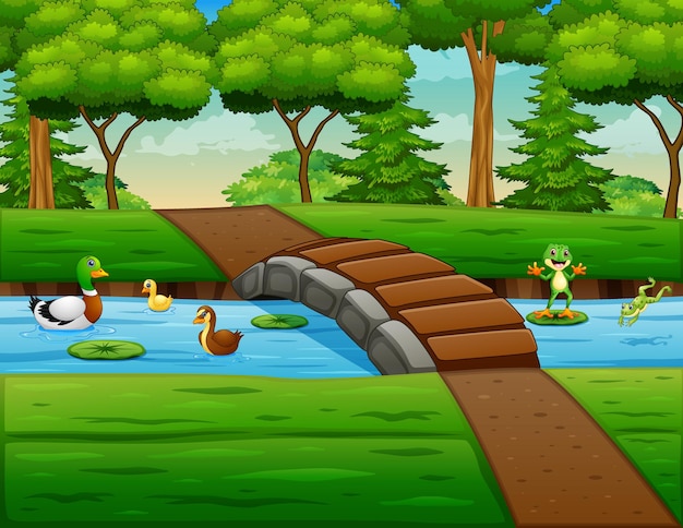川で遊ぶ漫画イラストアヒルの子とカエル