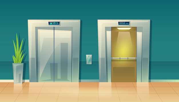 Free vector cartoon illustration of empty hallway with elevators - closed doors and open.