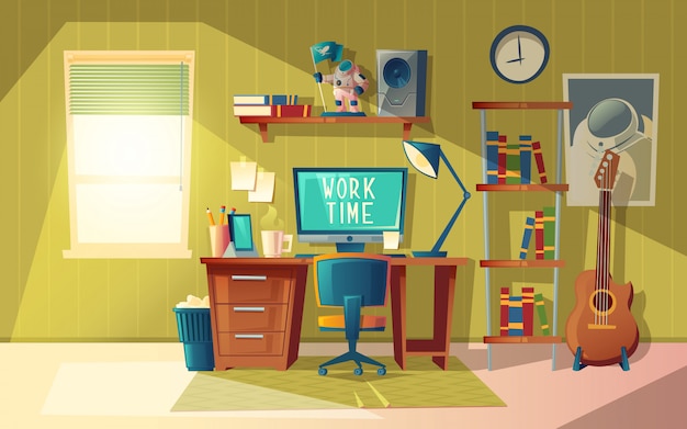 cartoon illustration of empty home office, modern interior with furniture
