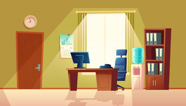 窓、家具付きのモダンなインテリアと空のオフィスの漫画イラスト。