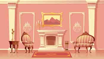 Free vector cartoon illustration of luxury living room with fireplace, ballroom or hallway with pilasters