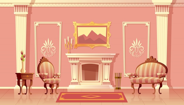 cartoon illustration of luxury living room with fireplace, ballroom or hallway with pilasters