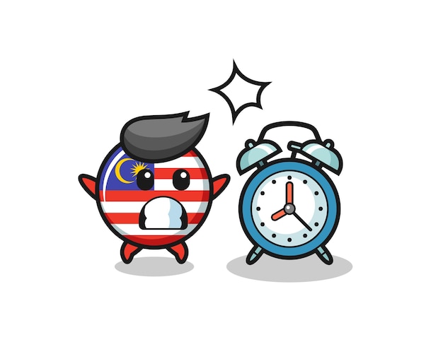 Cartoon illustration of malaysia flag badge is surprised with a giant alarm clock , cute style design for t shirt, sticker, logo element