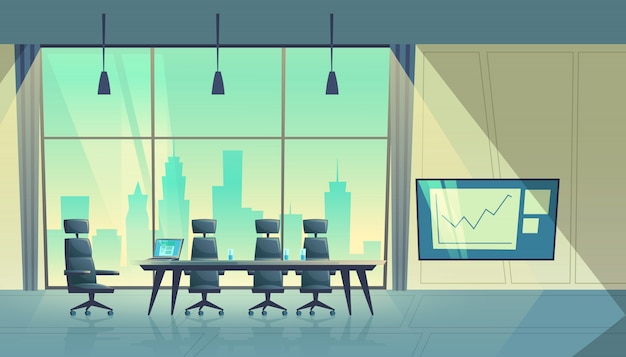 cartoon illustration of modern conference hall, room for meetings and business trainings