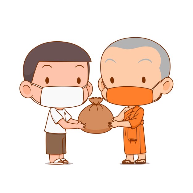 Cartoon illustration of monk giving survival bag to people they both are wearing mask