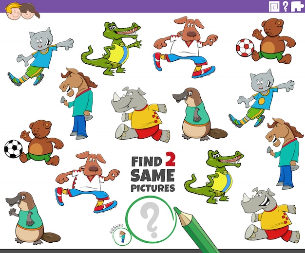 재미 있은 동물 캐릭터 공 놀이 어린이를위한 두 개의 동일한 그림 찾기 교육 게임의 만화 그림