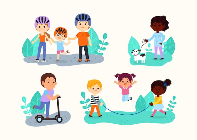 Cartoon illustration of people doing outdoor activities