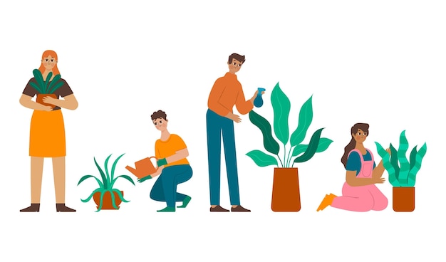 Карикатура иллюстрации людей, заботящихся о растениях
