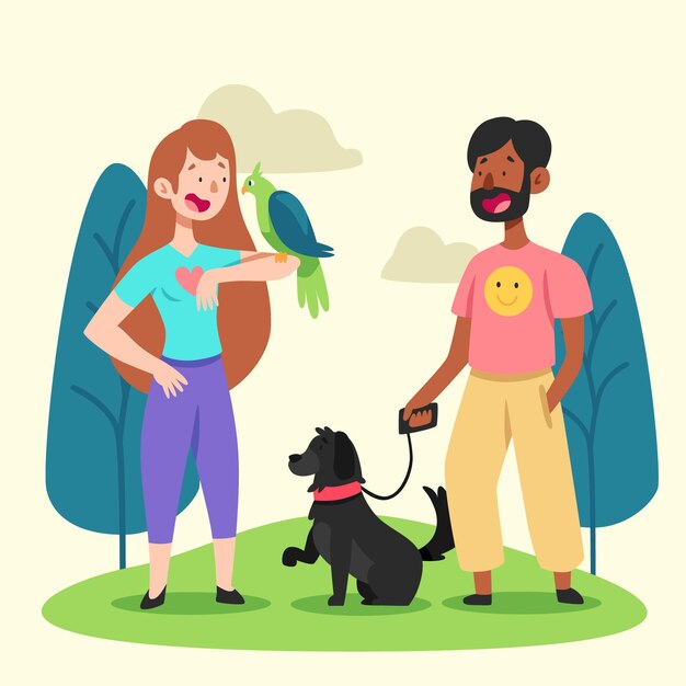 Cartoon illustration of people with pets
