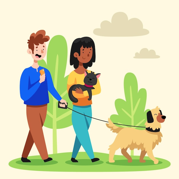 Cartoon illustration of people with pets