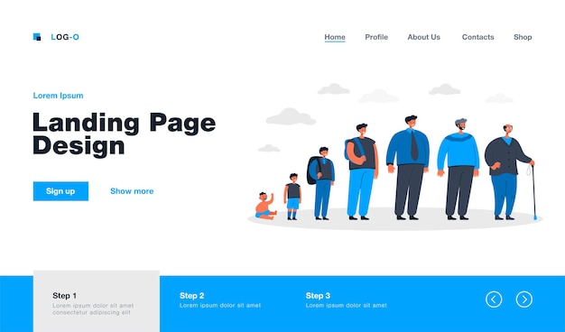 Free vector cartoon illustration of person life evolution landing page in flat style