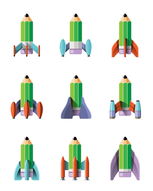 Vettore gratuito illustrazione del fumetto insieme isolato del lancio del razzo. razzi di missione spaziale con fumo. illustrazione in stile piatto
