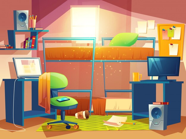 작은 기숙사 방, 기숙사 내부, 호스텔 침실의 만화 그림