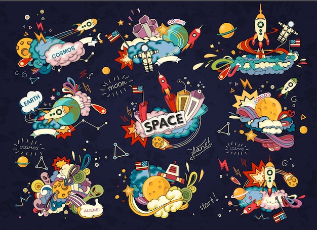 Cartoon illustration of space. moon, planet, rocket, earth, cosmonaut, comet, universe.
