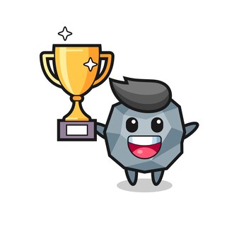 Cartoon illustration of stone is happy holding up the golden trophy , cute style design for t shirt, sticker, logo element