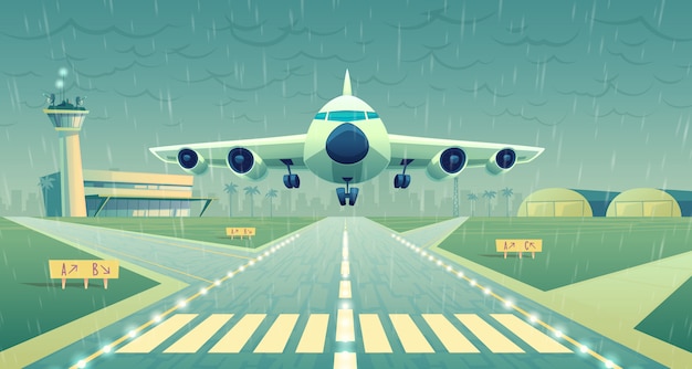 Cartoon illustration, white airliner, jet over runway.