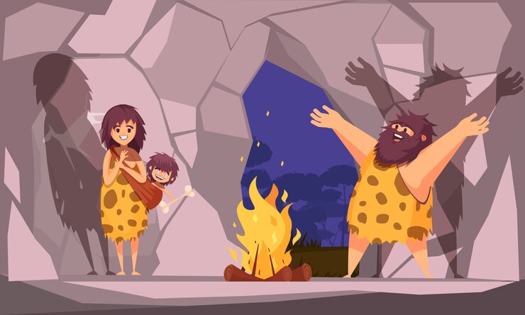 Free Vector cartoon illustration with caveman family dressed in animal pelt collected around the fire in cave
