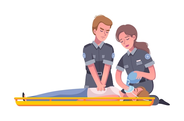 Cartoon illustration with paramedic putting oxygen mask on injured woman face