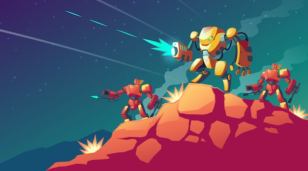 мультфильм иллюстрация с роботом войны на чужой планете, Марс. Пейзаж с боевыми роботами.