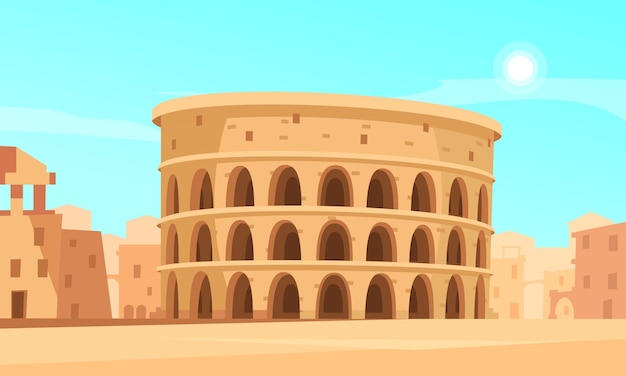 Free vector cartoon illustration with rome coliseum and ancient buildings