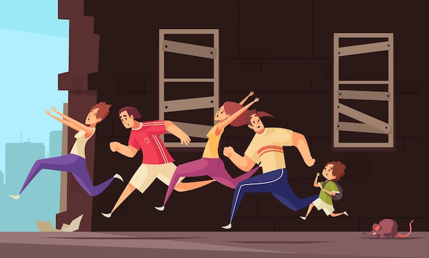 Free vector cartoon illustration with terrified people running away from rat