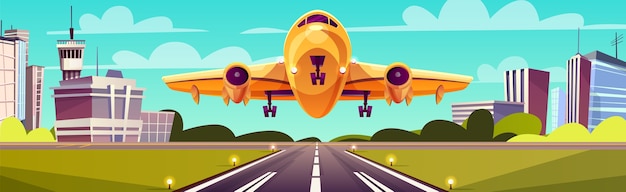 Free vector cartoon illustration, yellow light aircraft on runway. takeoff or landing of airplane