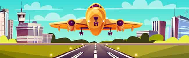 Vettore gratuito illustrazione del fumetto, velivoli di luce gialla sulla pista. decollo o atterraggio dell'aereo