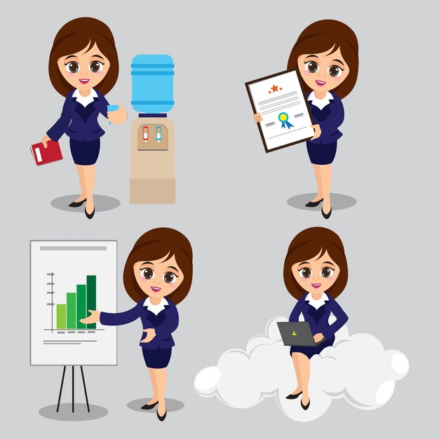  Cartoon illustration of Young Business Women characters in four different poses