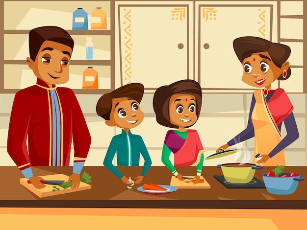 Cartoon indian family characters cooking at kitchen together concept.