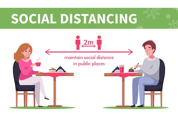 Cartoon infographics with people maintaining social distancing in cafe