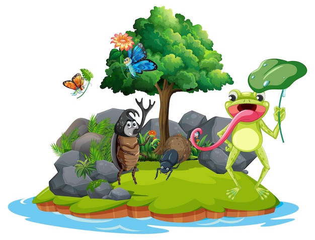 cartoon insect and beetle in the forest