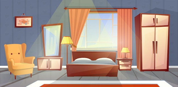窓付きの居心地の良いベッドルームの漫画のインテリア。家具付きリビングアパート