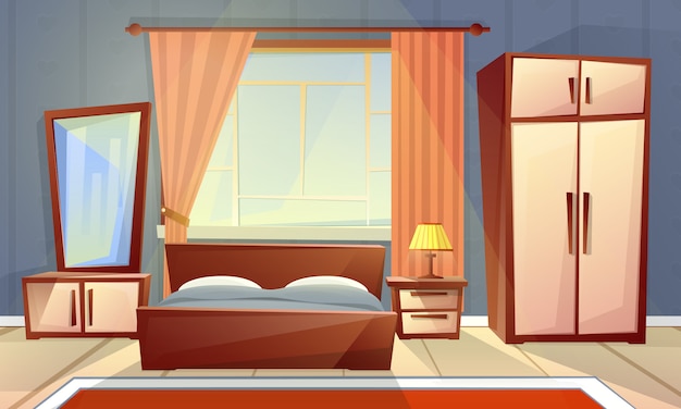 мультяшный интерьер уютной спальни с окном, гостиная с двуспальной кроватью, комод, ковер
