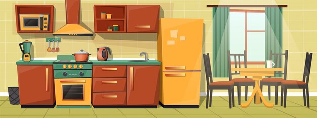 Cartoon interior of family kitchen counter with appliances, furniture. 