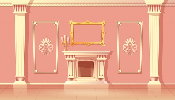 Free Vector cartoon interior of luxury living room, ballroom with fireplace. 