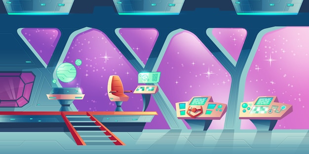 Бесплатное векторное изображение Мультфильм интерьера космического корабля, кабины с панелью управления и маховичком.