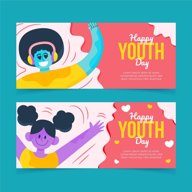 Cartoon international youth day banners set