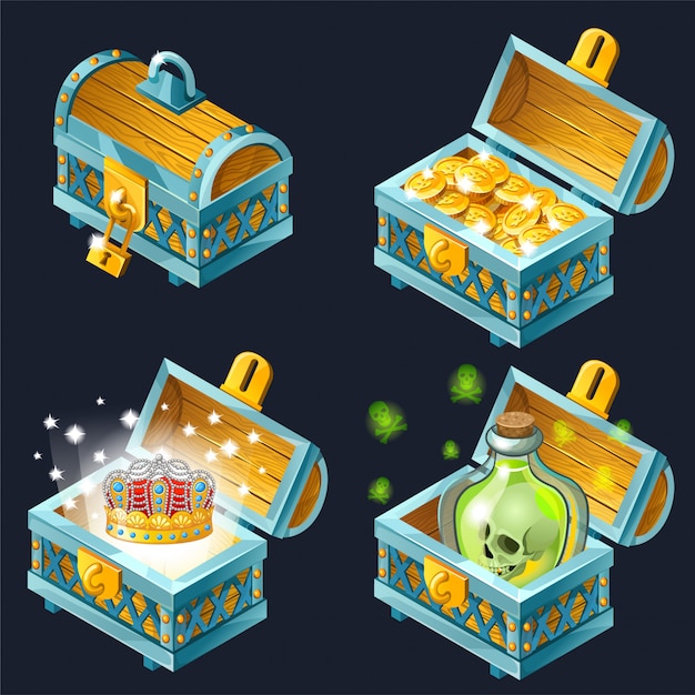 Cartoon isometric chests with treasures.