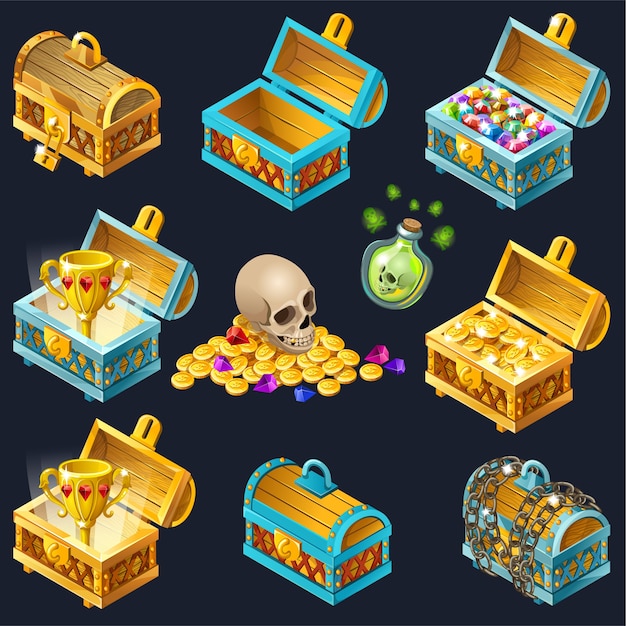 Free vector cartoon isometric chests with treasures.