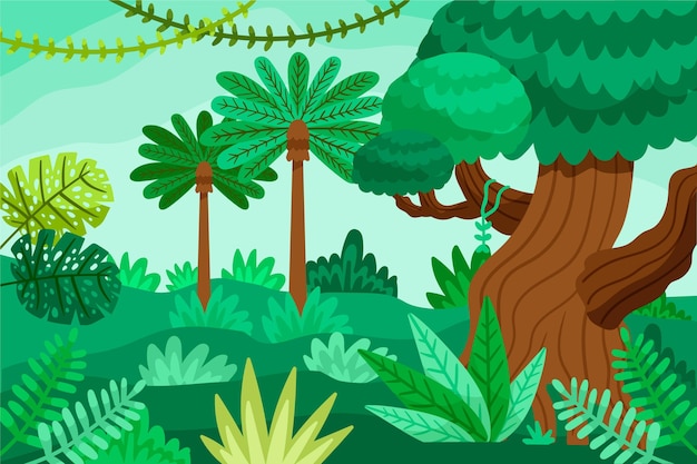 Cartoon jungle background with luxuriant vegetation