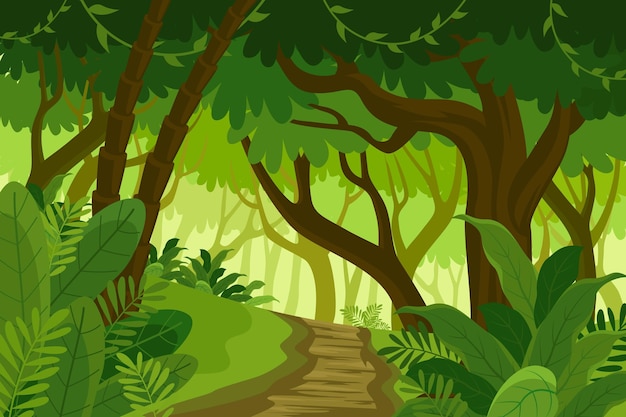 Cartoon jungle background with pathway through exotic plants