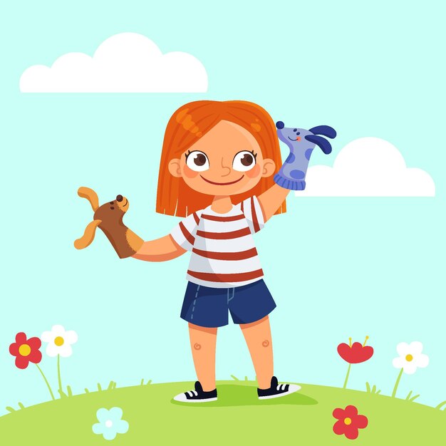 Cartoon kid playing with hand puppets alone