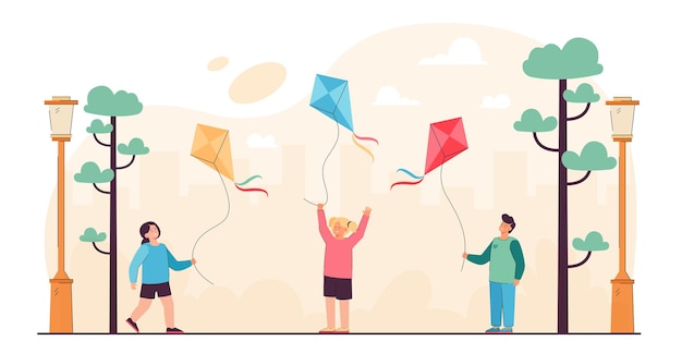 Cartoon kids holding flying kites in city park. flat illustration