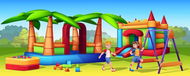 Cartoon kids playing on playground with inflatable slides and trampolines