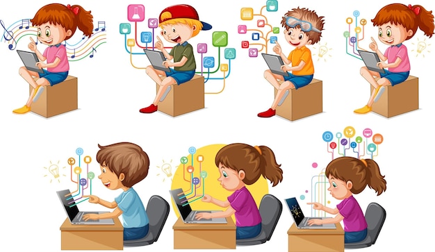 Free vector cartoon kids using laptops for online learning