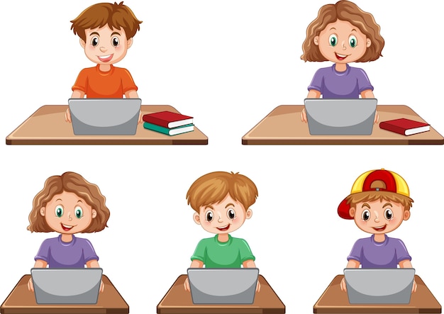 Free vector cartoon kids using laptops for online learning