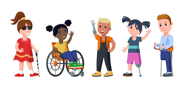 Cartoon kids with physical disabilities vector illustrations set. Blind girl with walking stick, child on wheelchair, children with prosthetic arm, leg, foot. Disability, health, accessibility concept
