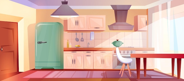 Free vector cartoon kitchen interior with wooden retro furniture and fridge